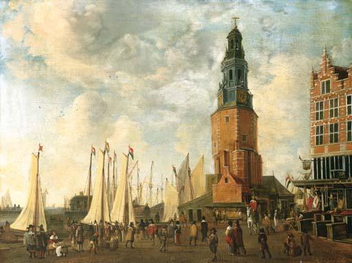 Anthonie Beerstraaten - The Herring Packer\'s Tower, Amsterdam, with figures on the quay