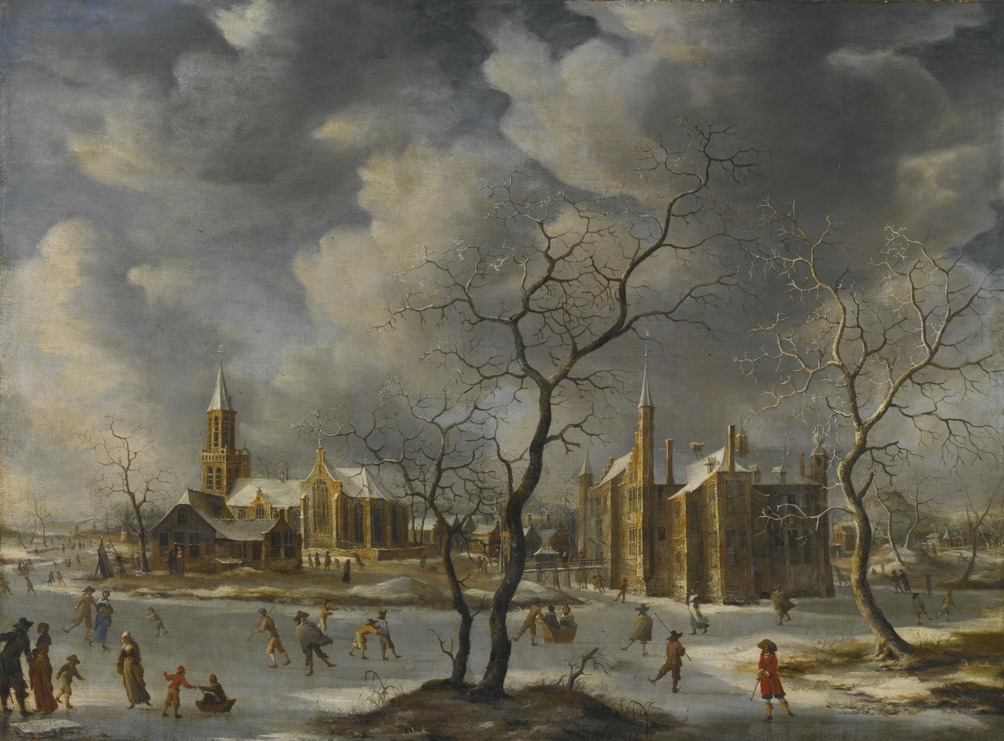 Anthonie Beerstraten - Winter Landscape With Skaters On A Frozen Lake