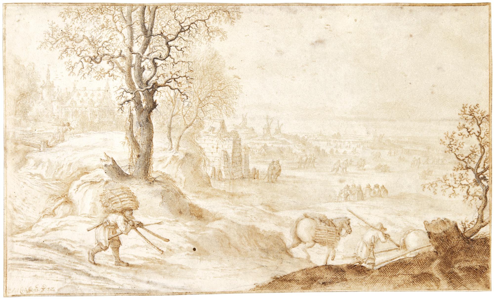 Anthonie Crussens - Winter Landscape With A Man Carrying A Load Of Wood, Windmills And A Castle In The Distance