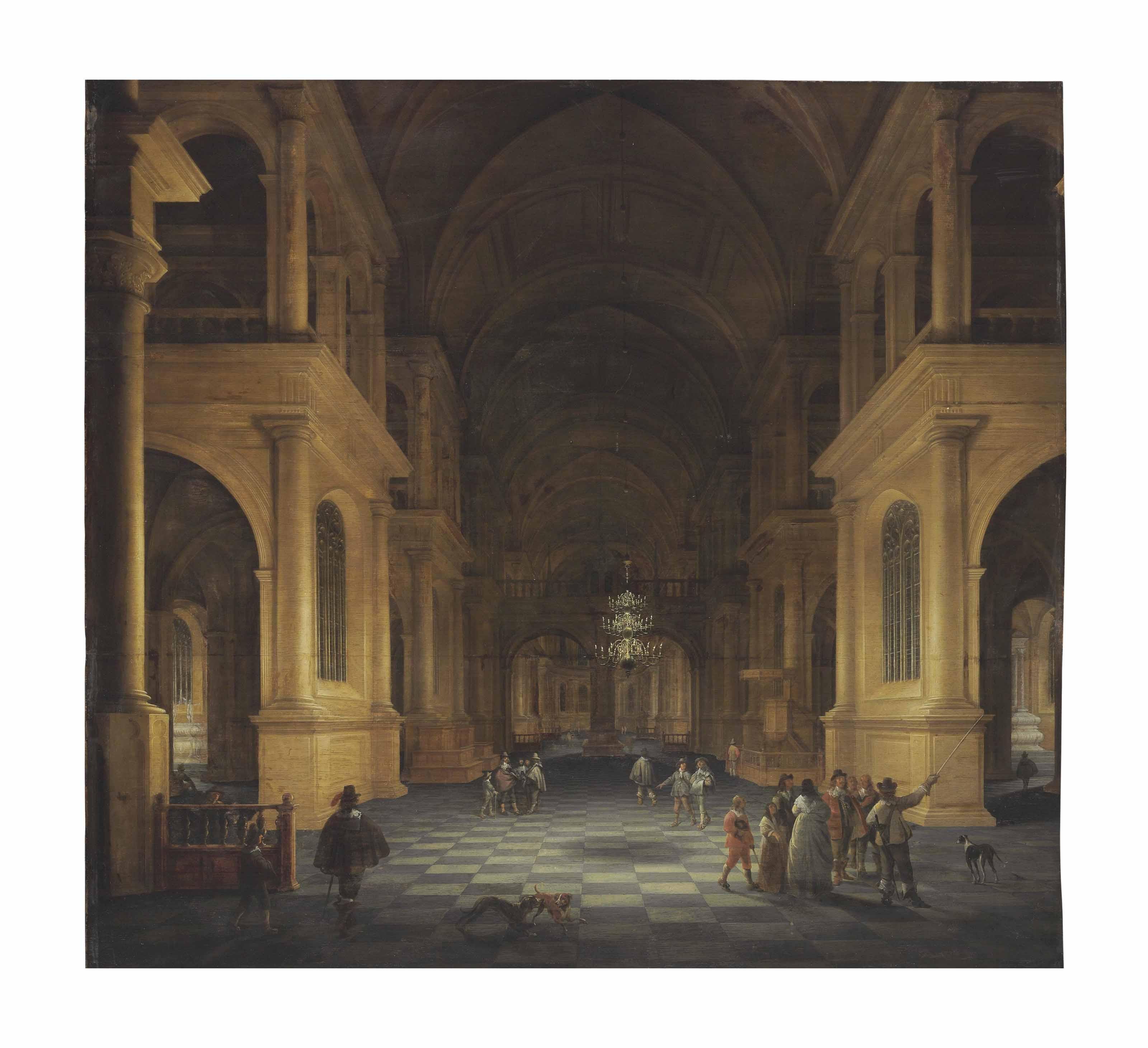 Anthonie De Lorme - A darkened church interior with elegant figures
