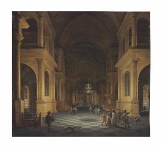 Anthonie De Lorme - A darkened church interior with elegant figures
