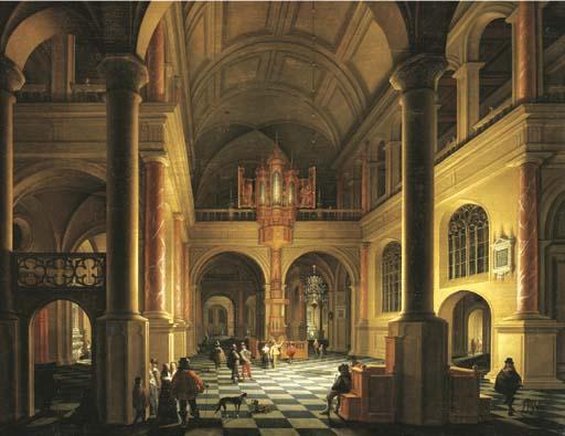 Anthonie De Lorme - The interior of a Protestant church at night with elegant figures in the foreground
