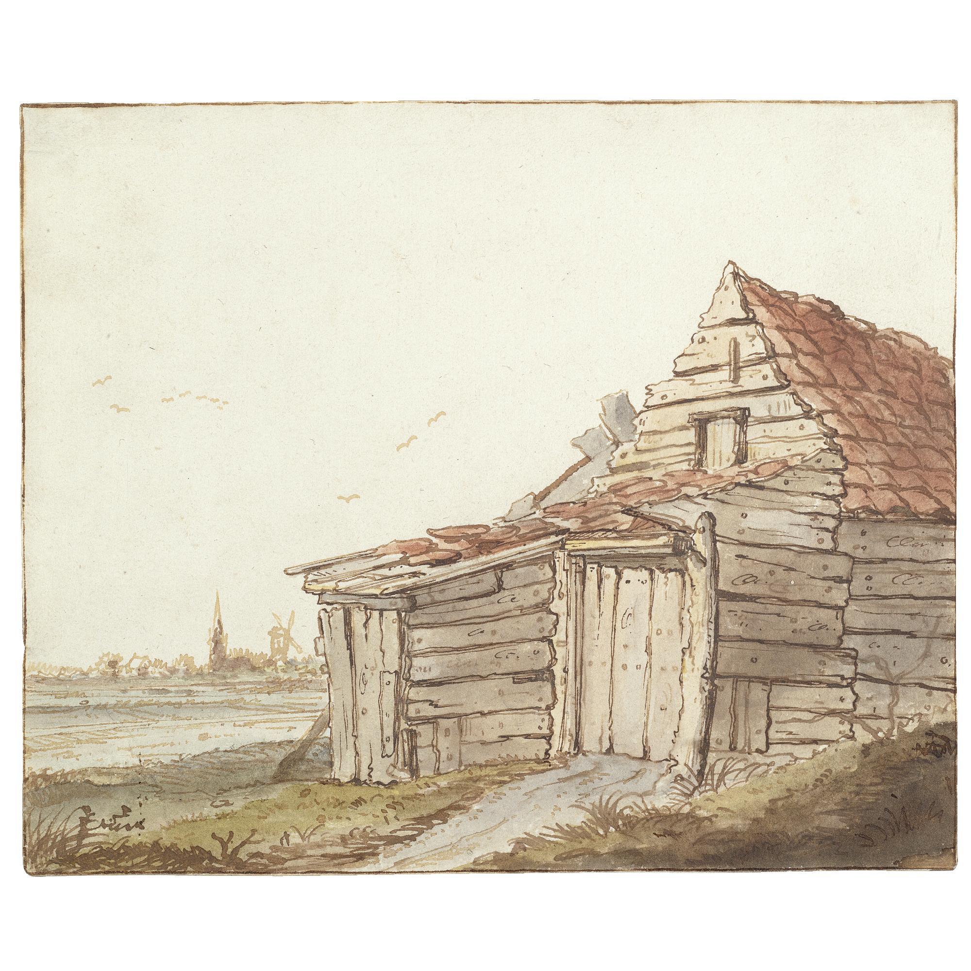Anthonie Erkelens - A Wooden Barn On The Edge Of A Village, A Windmill And Church Spire On The Horizon