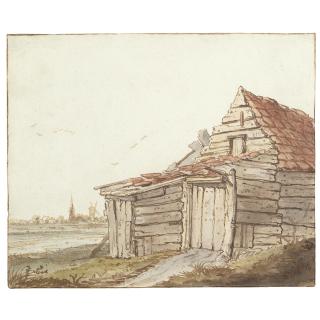 Anthonie Erkelens - A Wooden Barn On The Edge Of A Village, A Windmill And Church Spire On The Horizon