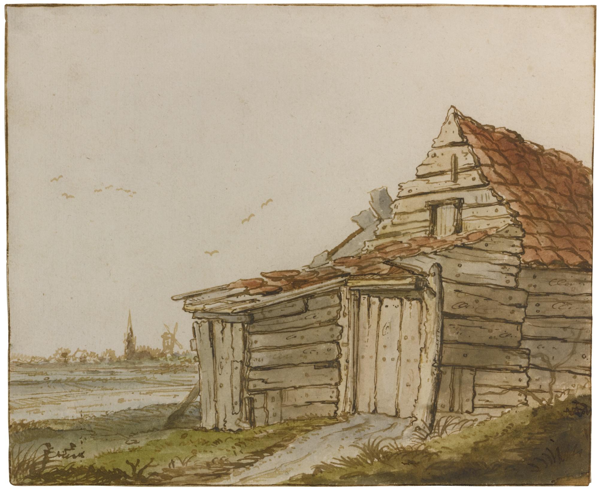 Anthonie Erkelens - A Wooden Barn On The Edge Of A Village, A Windmill And Church Spire On The Horizon
