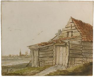 Anthonie Erkelens - A Wooden Barn On The Edge Of A Village, A Windmill And Church Spire On The Horizon