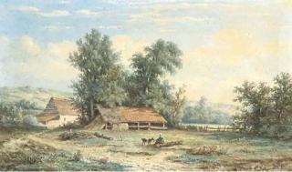 Anthonie Jacobus Van Wijngaerdt - A peasant girl feeding a goat by a farm