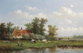 Anthonie Jacobus Van Wijngaerdt - A Polder Landscape With Figures And Cattle By A Farmhouse