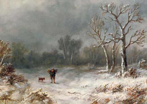 Anthonie Jacobus van Wijngaerdt - A villager and his dog in a winter landscape