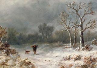 Anthonie Jacobus van Wijngaerdt - A villager and his dog in a winter landscape