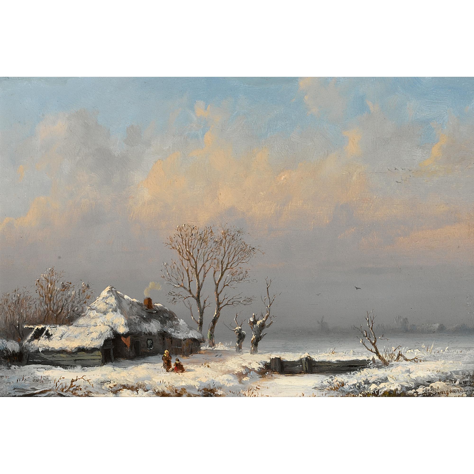 Anthonie Jacobus van Wijngaerdt - A Winter Landscape With Figures Near A Farm