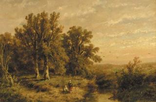 Anthonie Jacobus Van Wijngaerdt - A wooded summer landscape with a peasant couple by a stream