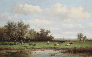 Anthonie Jacobus Van Wijngaerdt - Cattle In A Summer Polder Landscape