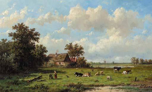 Anthonie Jacobus Van Wijngaerdt - Cattle in a sunlit meadow