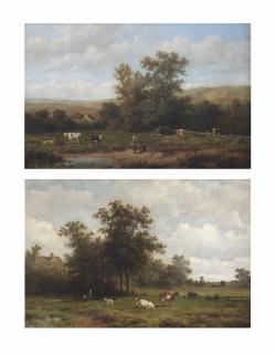 Anthonie Jacobus Van Wijngaerdt - Cattle in the grassland; and Farmers in the field