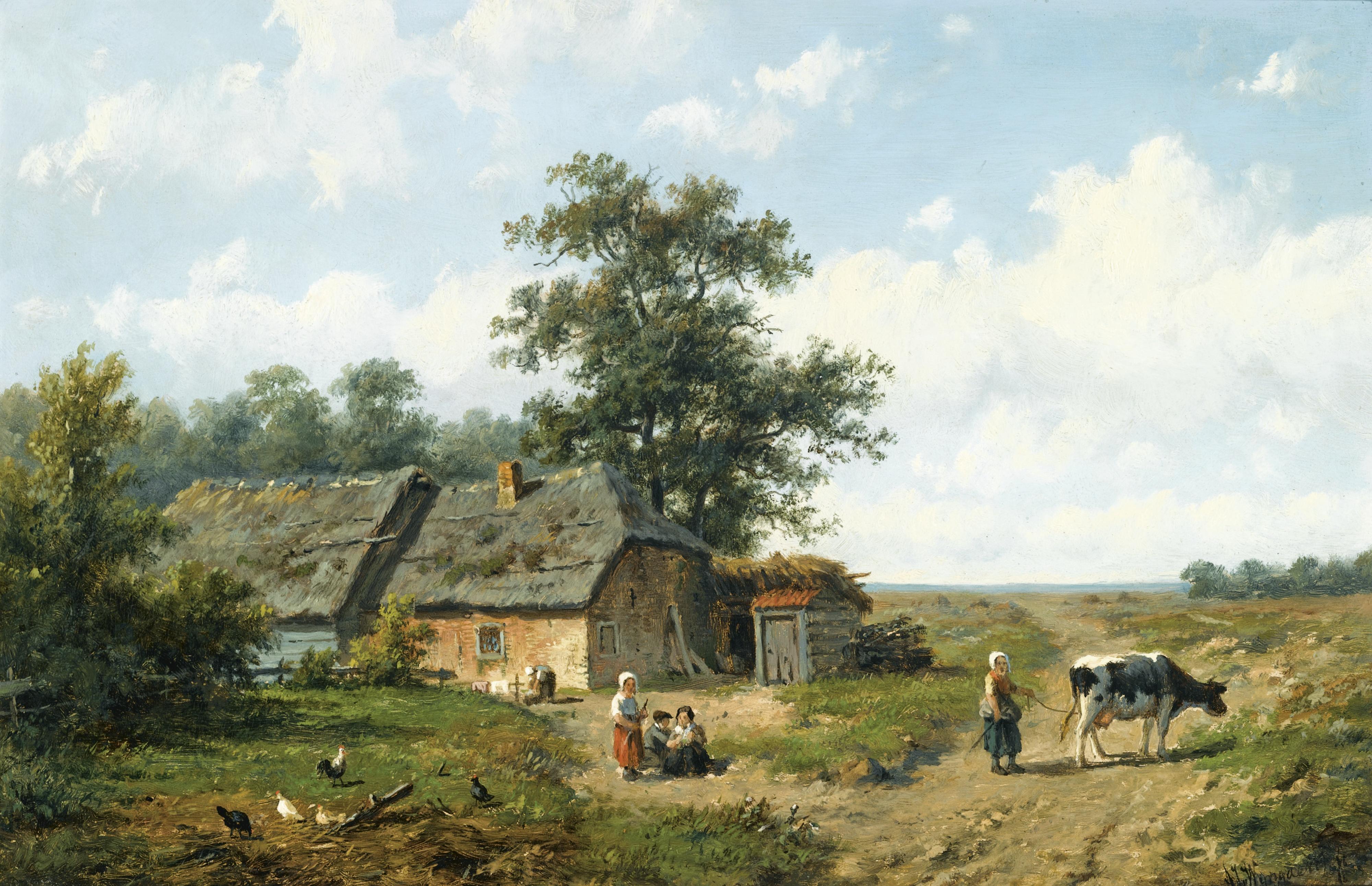 Anthonie Jacobus Van Wijngaerdt - Dutch figures Outside A Cottage On A Sunny Day