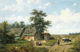 Anthonie Jacobus Van Wijngaerdt - Dutch figures Outside A Cottage On A Sunny Day