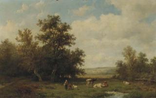 Anthonie Jacobus van Wijngaerdt - Figures And Cattle In A Sunlit Meadow