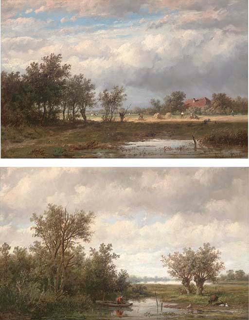 Anthonie Jacobus Van Wyngaerdt - Fishing On A Calm Stretch of Water; And Harvest Time