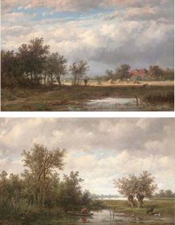 Anthonie Jacobus Van Wyngaerdt - Fishing On A Calm Stretch of Water; And Harvest Time