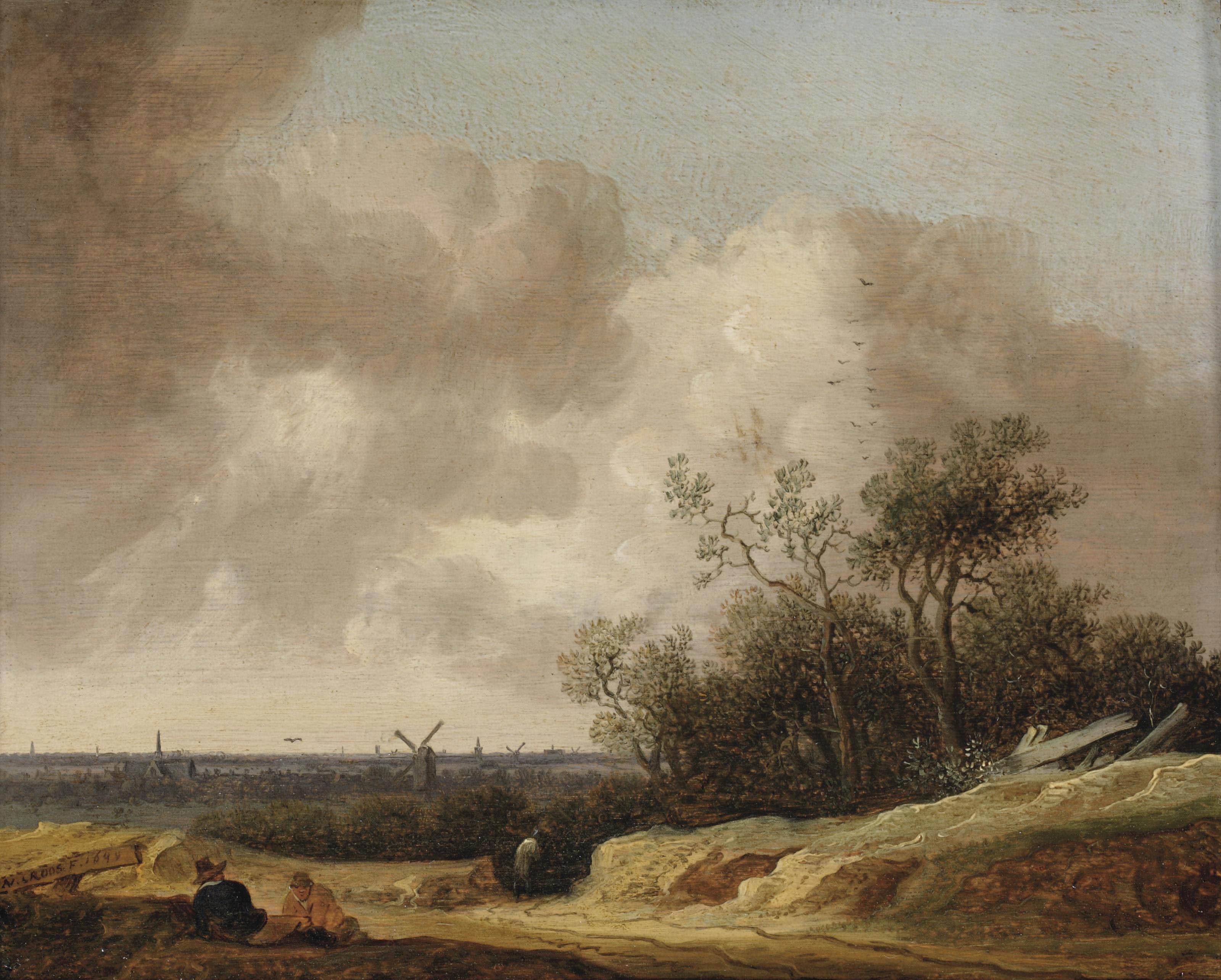 Anthonie Jansz. van der Croos - A dune landscape with figures resting near a track, a view of Haarlem in the distance