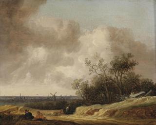 Anthonie Jansz. van der Croos - A dune landscape with figures resting near a track, a view of Haarlem in the distance