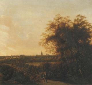 Anthonie Jansz. Van Der Croos - A wooded landscape with a sportsman and his dog on a sandy road, a view of The Hague in the distance