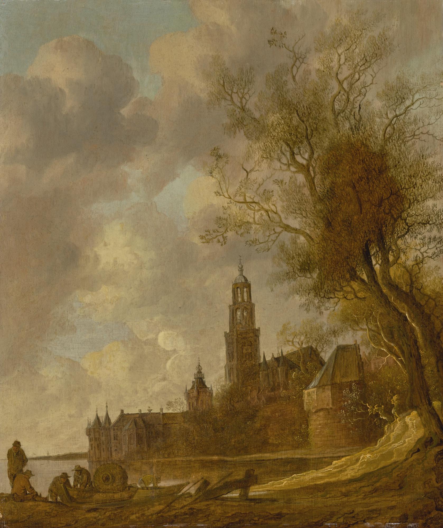 Anthonie Jansz. Van Der Croos - A Wooded River Landscape With Fishermen In The Foreground, Montfoort Castle And A Fortified Town Beyond
