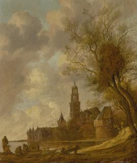 Anthonie Jansz. Van Der Croos - A Wooded River Landscape With Fishermen In The Foreground, Montfoort Castle And A Fortified Town Beyond