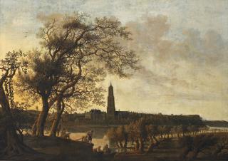 Anthonie Jansz. Van Der Croos - View Of Rhenen With Figures Along The Nederrijn, The Cunerakerk And The Palace Of The Winter King Beyond