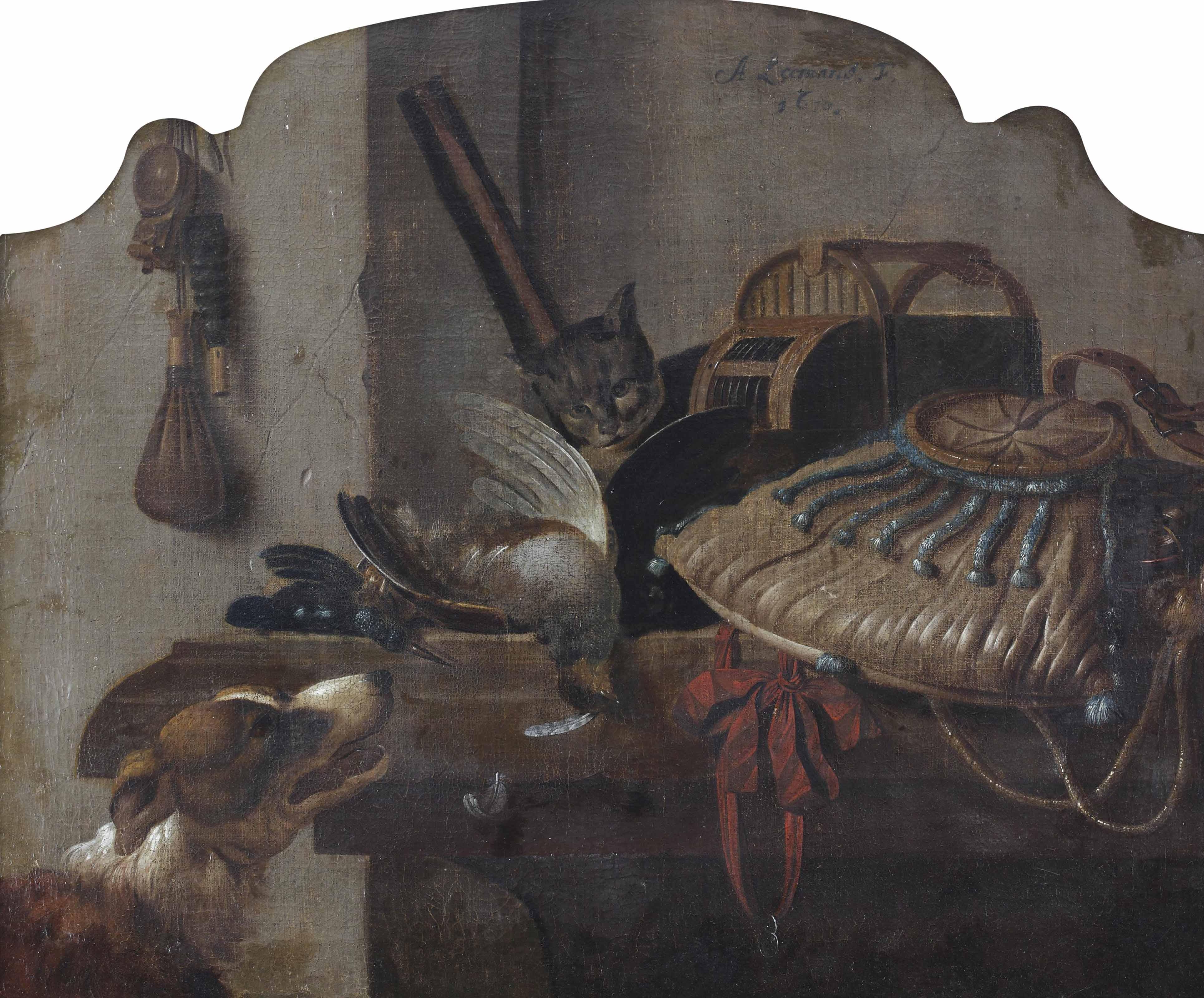 Anthonie Leemans - A \'Desus-De-Porte\' Of A Hunting Still Life With A Dog, A Cat, A Partridge And A Kingfisher, All On A Wooden Table