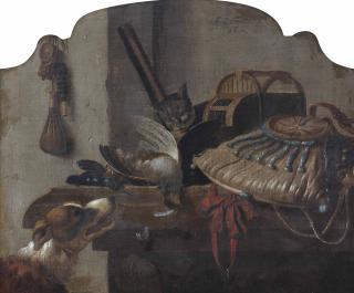 Anthonie Leemans - A \'Desus-De-Porte\' Of A Hunting Still Life With A Dog, A Cat, A Partridge And A Kingfisher, All On A Wooden Table