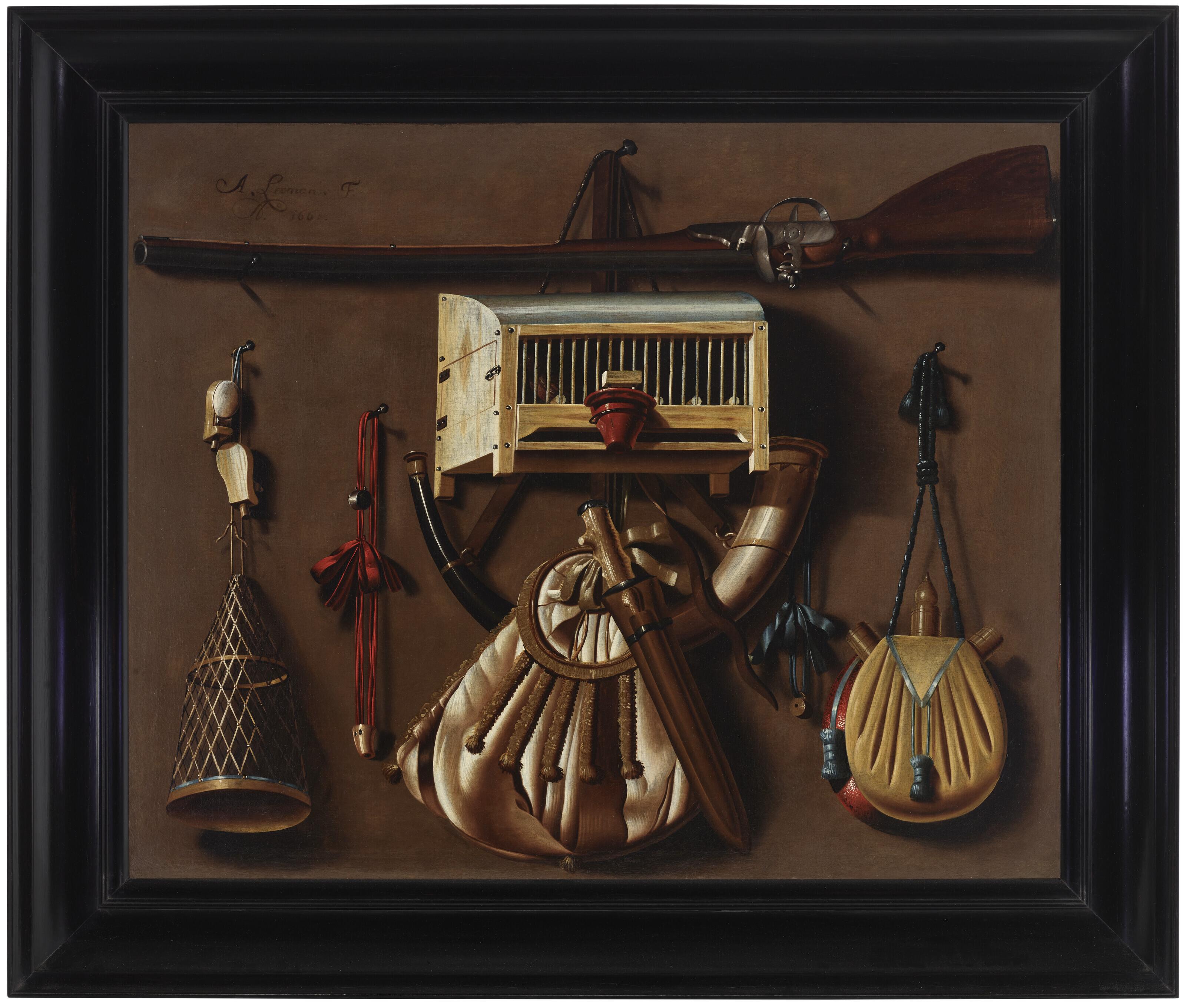 Anthonie Leemans - A tromp l\'oeil with hunting and bird catching gear