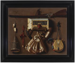 Anthonie Leemans - A tromp l\'oeil with hunting and bird catching gear