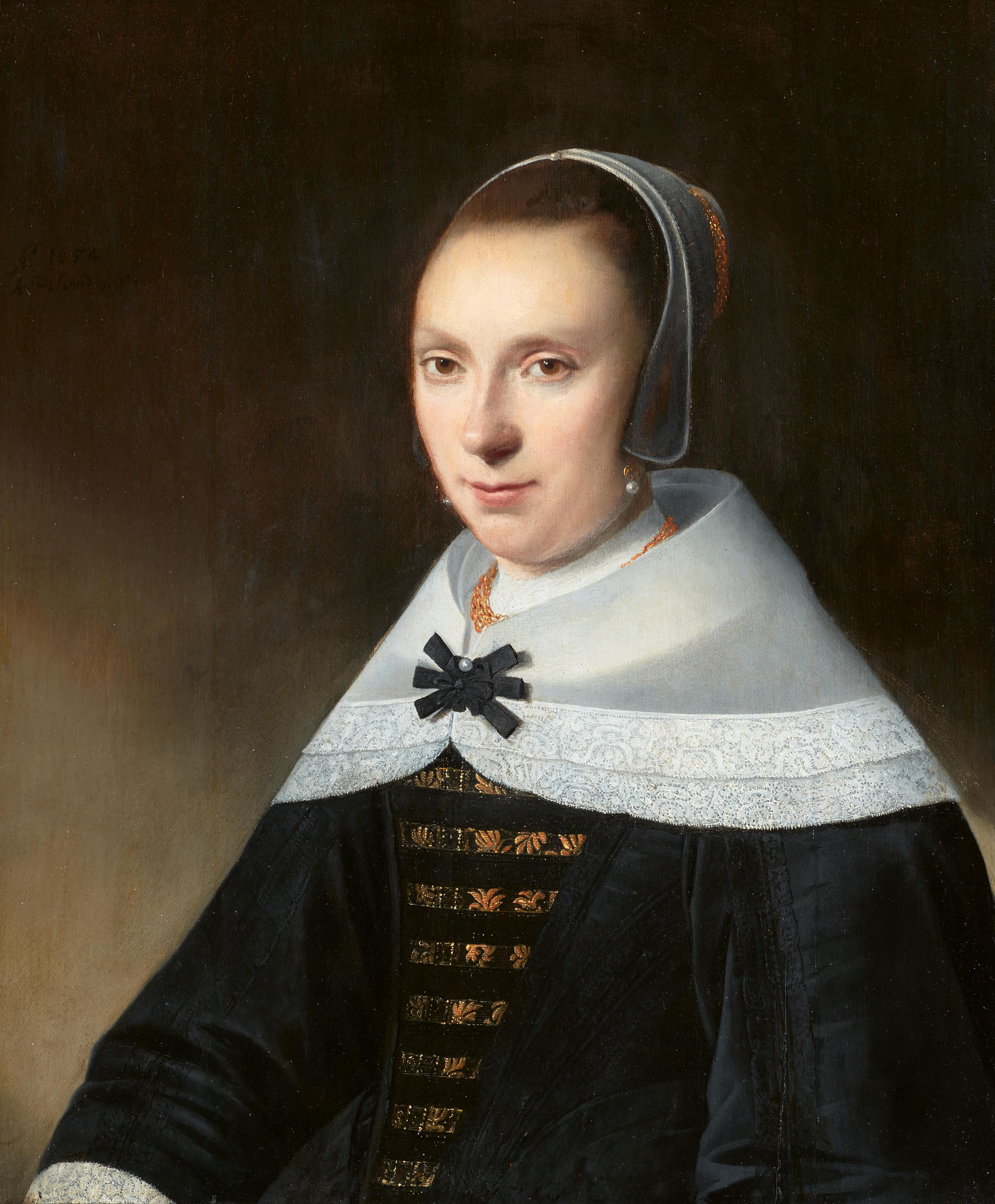 Anthonie Palamedesz - Bildnis einer jungen Frau mit Perlenohrringen und einer Goldkette, in einem schwarzen Kleid mit Mieder  und einer schwarzen Schleife
