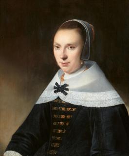 Anthonie Palamedesz - Bildnis einer jungen Frau mit Perlenohrringen und einer Goldkette, in einem schwarzen Kleid mit Mieder  und einer schwarzen Schleife