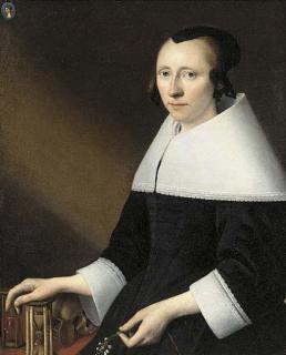 Anthonie Palamedesz. - Portrait of a lady, aged 38, half-length, in a black dress with a white falling collar and cuffs, a medallion of a man, bust-length, depicted upper right