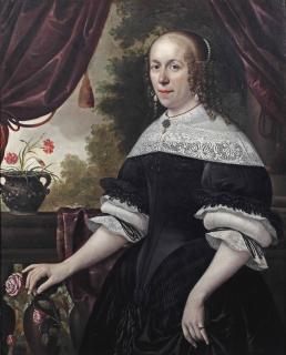 Anthonie Palamedesz. - Portrait Of A Lady, Three-Quarter-Length, In A Black Dress With White Lace, A Pearl And Granite Parure And Pearls In Her Hair, Holding A Pink Rose, A Landscape Beyond