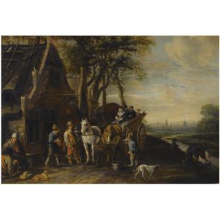 Anthonie Palamedesz. - Travellers In A Horse-Drawn Wagon And Other Figures Outside An Inn, A View Of Delft With The Oude And Nieuwe Kerk Beyond