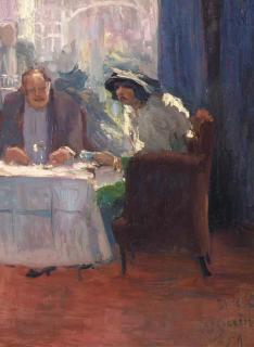 Anthonie Pieter Schotel - A couple in a cafe - a sketch