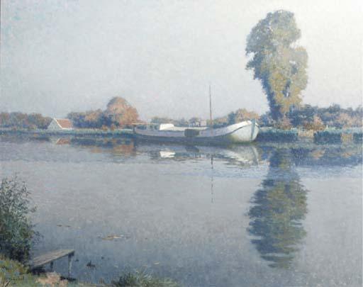 Anthonie Pieter Schotel - Early morning: a barge on the river Vecht