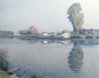 Anthonie Pieter Schotel - Early morning: a barge on the river Vecht