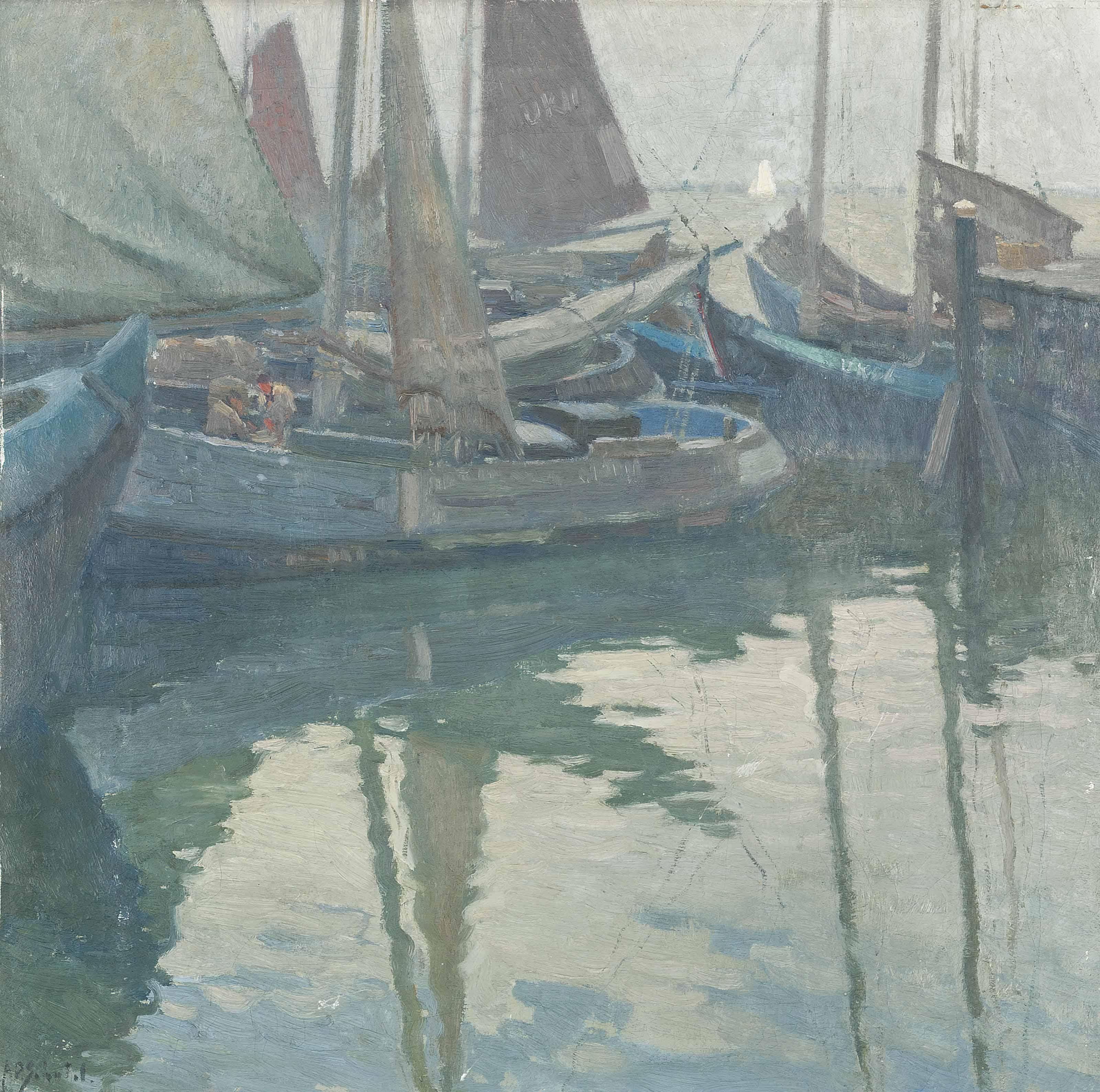 Anthonie Pieter Schotel - Havengezicht: Sailing boats in the harbour