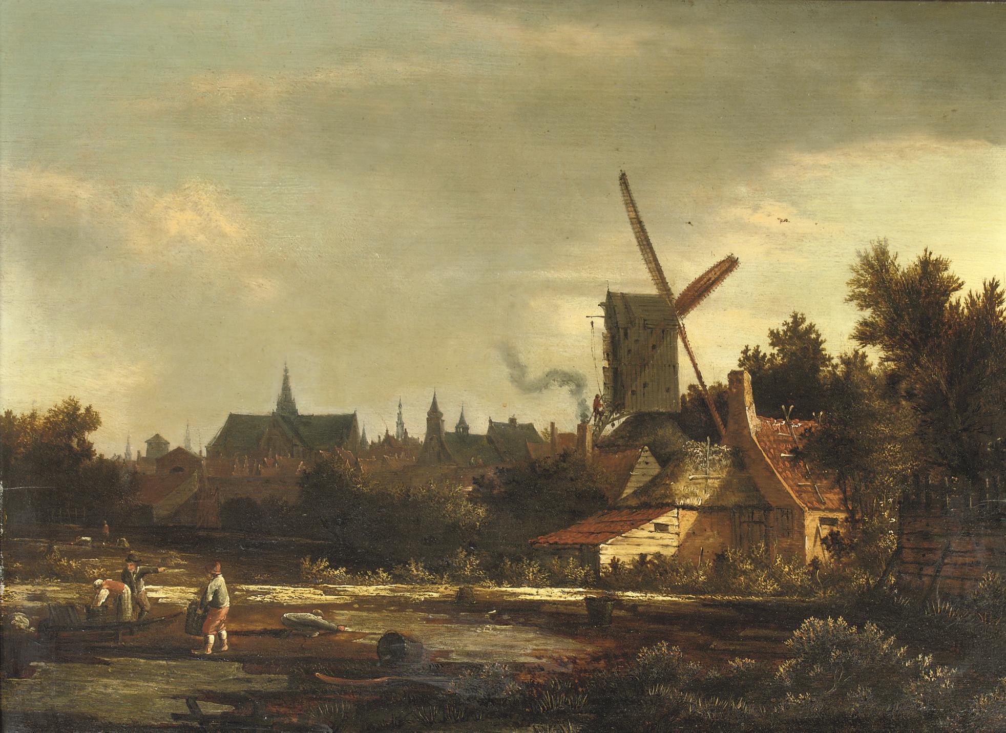 Anthonie Van Borssom - A Dutch town with figures at work in bleaching fields