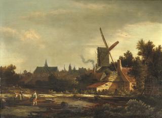 Anthonie Van Borssom - A Dutch town with figures at work in bleaching fields