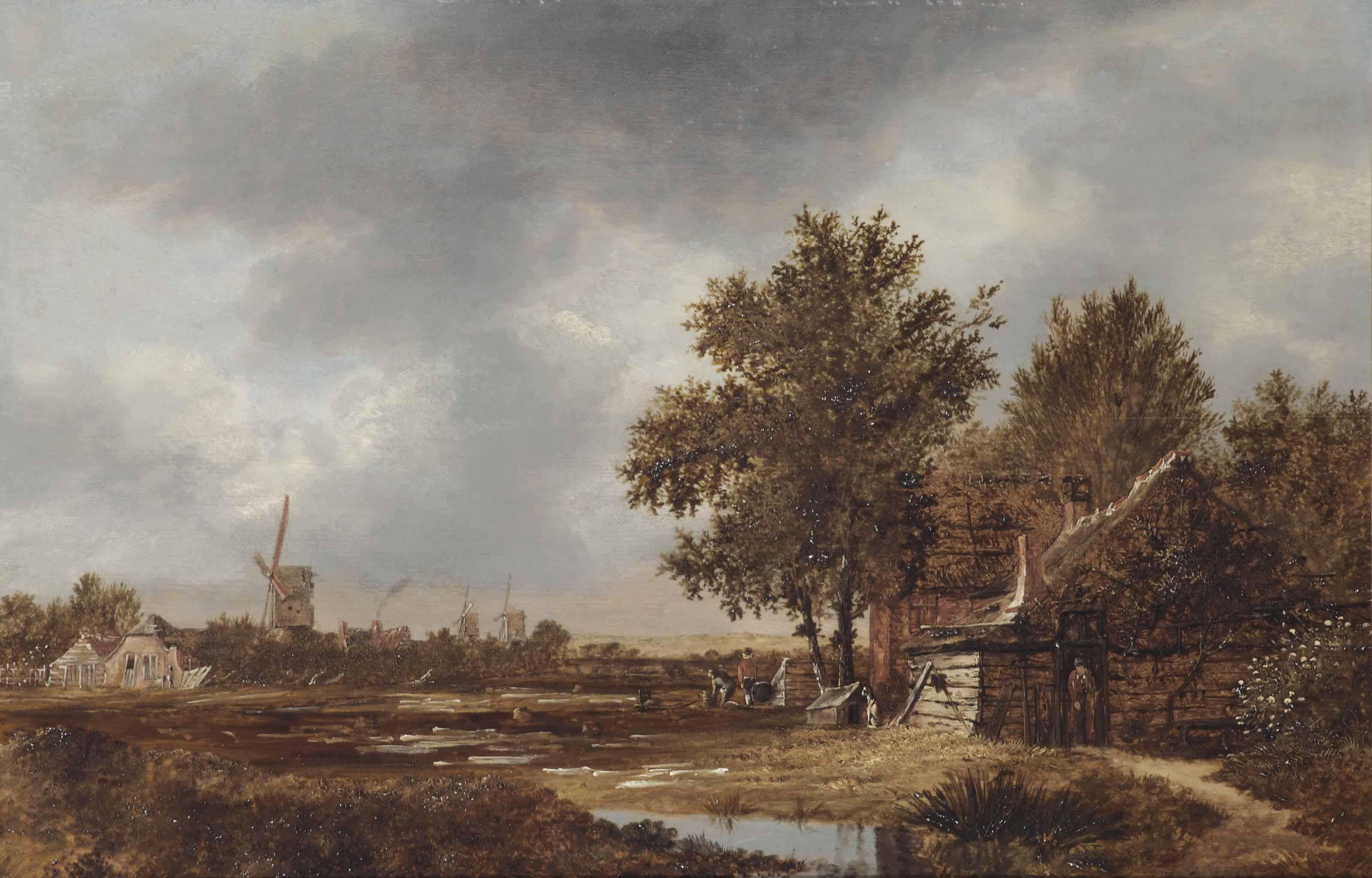 Anthonie Van Borssom - A Haarlem Landscape With Figures Working In The Bleaching Fields, A Village And Windmills Beyond