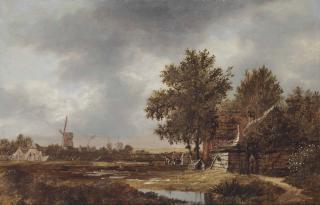 Anthonie Van Borssom - A Haarlem Landscape With Figures Working In The Bleaching Fields, A Village And Windmills Beyond
