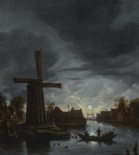 Anthonie Van Borssom - A Moonlit River Landscape With Fishermen Near A Windmill