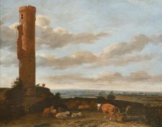 Anthonie van Borssom - A shepherd with cattle and sheep by a tower in a panoramic landscape