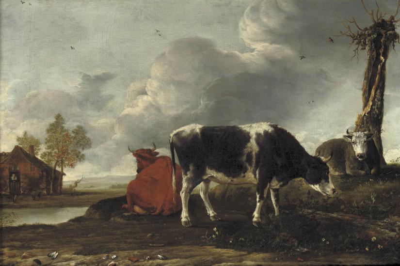 Anthonie Van Borssom - Cattle on a riverbank with a cottage beyond